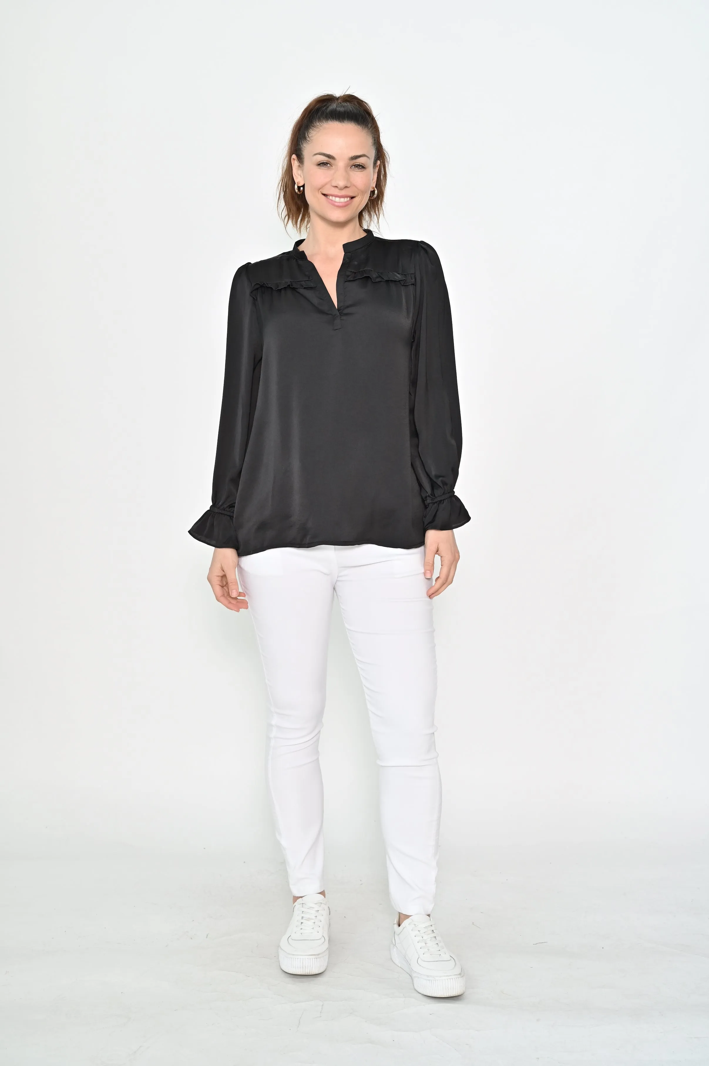 Cali & Co V-neck Frill Sleeve Satin Top Black sold by Shine On product image thumbnail 2