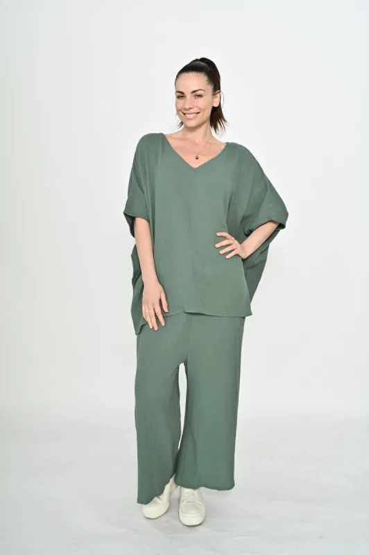 La Mode V-neck Kaftan Style Cotton Top Khaki sold by Shine On