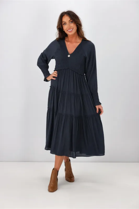 Gloss by Shine On Brianna Angle Shirred Bodice Dress Midnight sold by Shine On