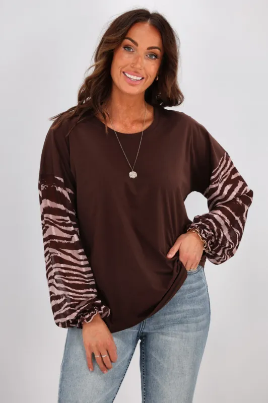Gloss by Shine On Willa Zebra Sleeve Top Chocolate sold by Shine On