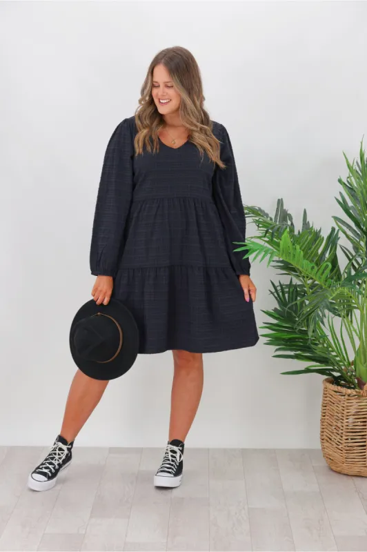 Shine On Label Long Sleeve Luca Gingham Tiered Midi Dress Black Midnight sold by Shine On