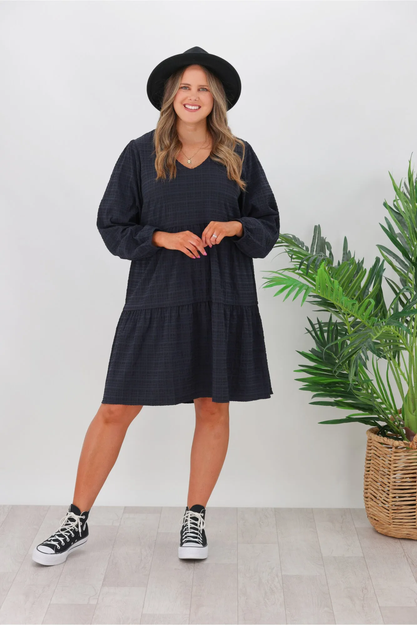 Shine On Label Long Sleeve Luca Gingham Tiered Midi Dress Black Midnight sold by Shine On product image thumbnail 3