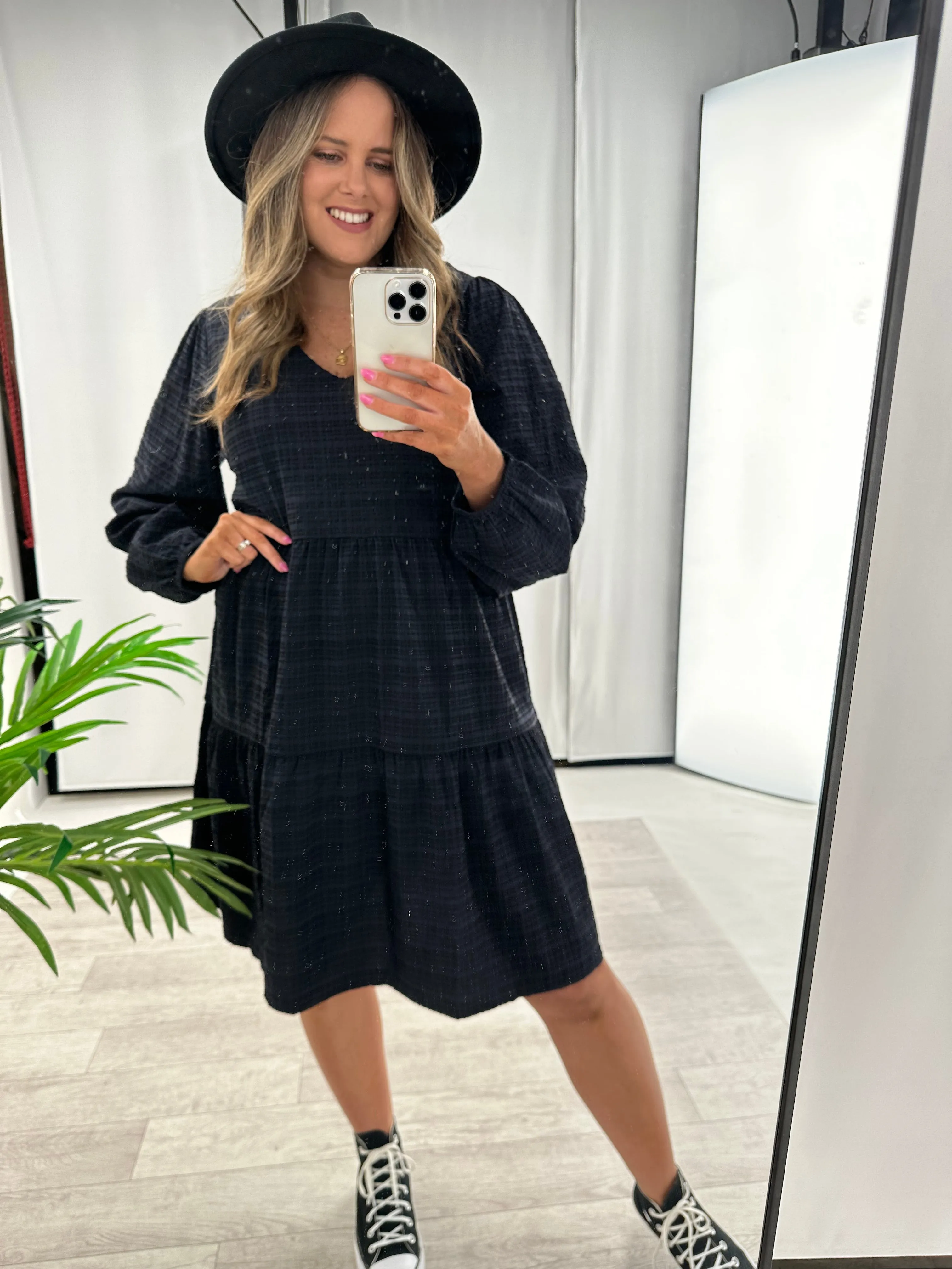 Shine On Label Long Sleeve Luca Gingham Tiered Midi Dress Black Midnight sold by Shine On product image thumbnail 5