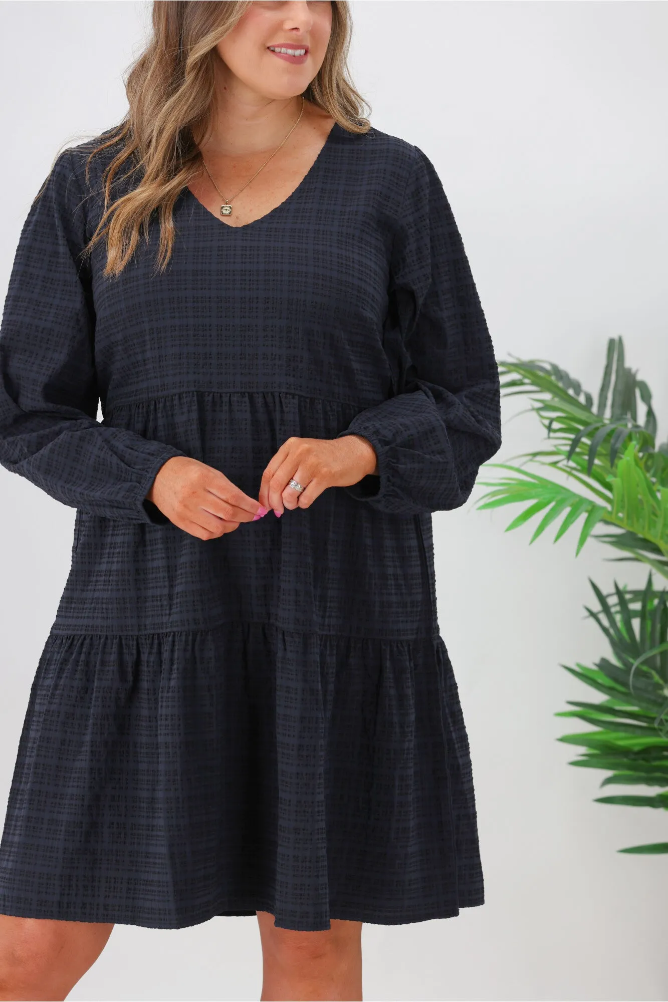 Shine On Label Long Sleeve Luca Gingham Tiered Midi Dress Black Midnight sold by Shine On product image thumbnail 4