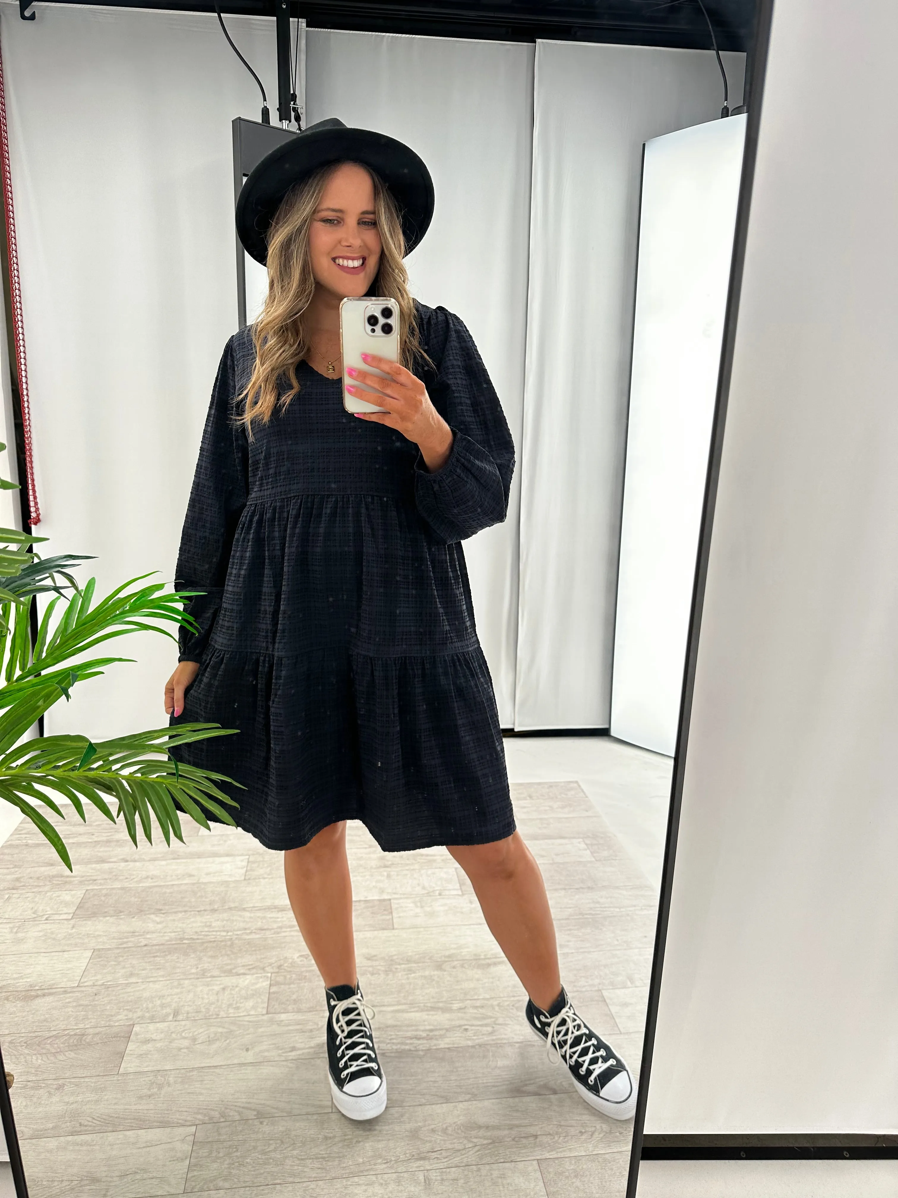 Shine On Label Long Sleeve Luca Gingham Tiered Midi Dress Black Midnight sold by Shine On product image thumbnail 2