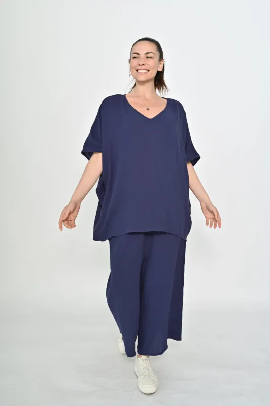 La Mode V-neck Kaftan Style Cotton Top Navy sold by Shine On