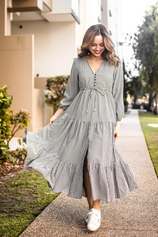 Silver Wishes Selma Gingham Long Sleeve Midi Dress sold by Shine On
