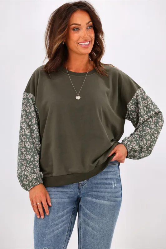 Shine On Label Sabine Floral Sleeve Crew Top Green made by Shine On