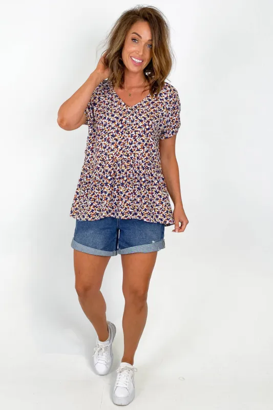 Sass Isobelle Tiered Top Navy Floral Ditsy sold by Shine On