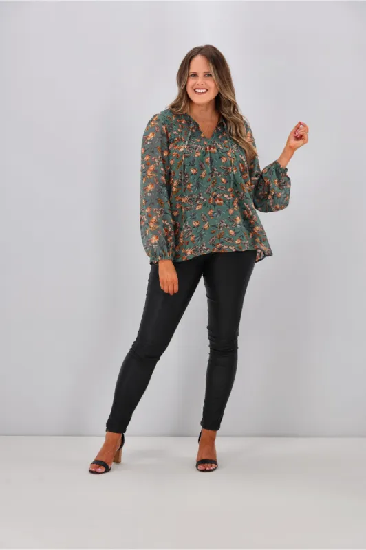 Gloss by Shine Zara Shirred Yoke Top Teal Floral sold by Shine On