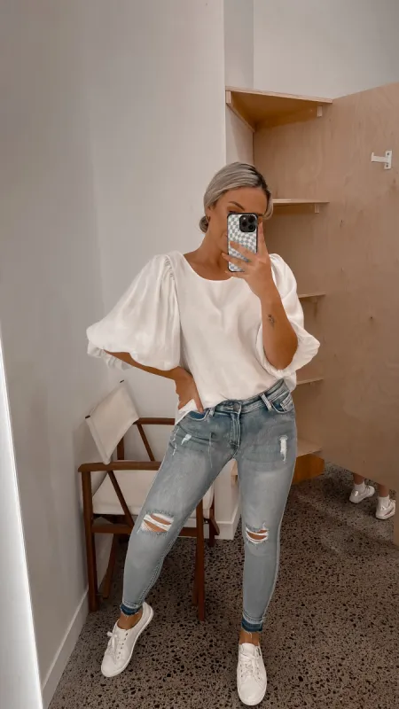 Cali & Co Round Neck Balloon 1/2 Sleeve Blouse White sold by Shine On
