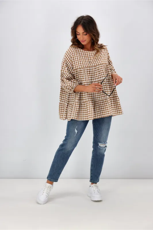 Natural Bay Maya Gingham Round Neck Top Mocha sold by Shine On