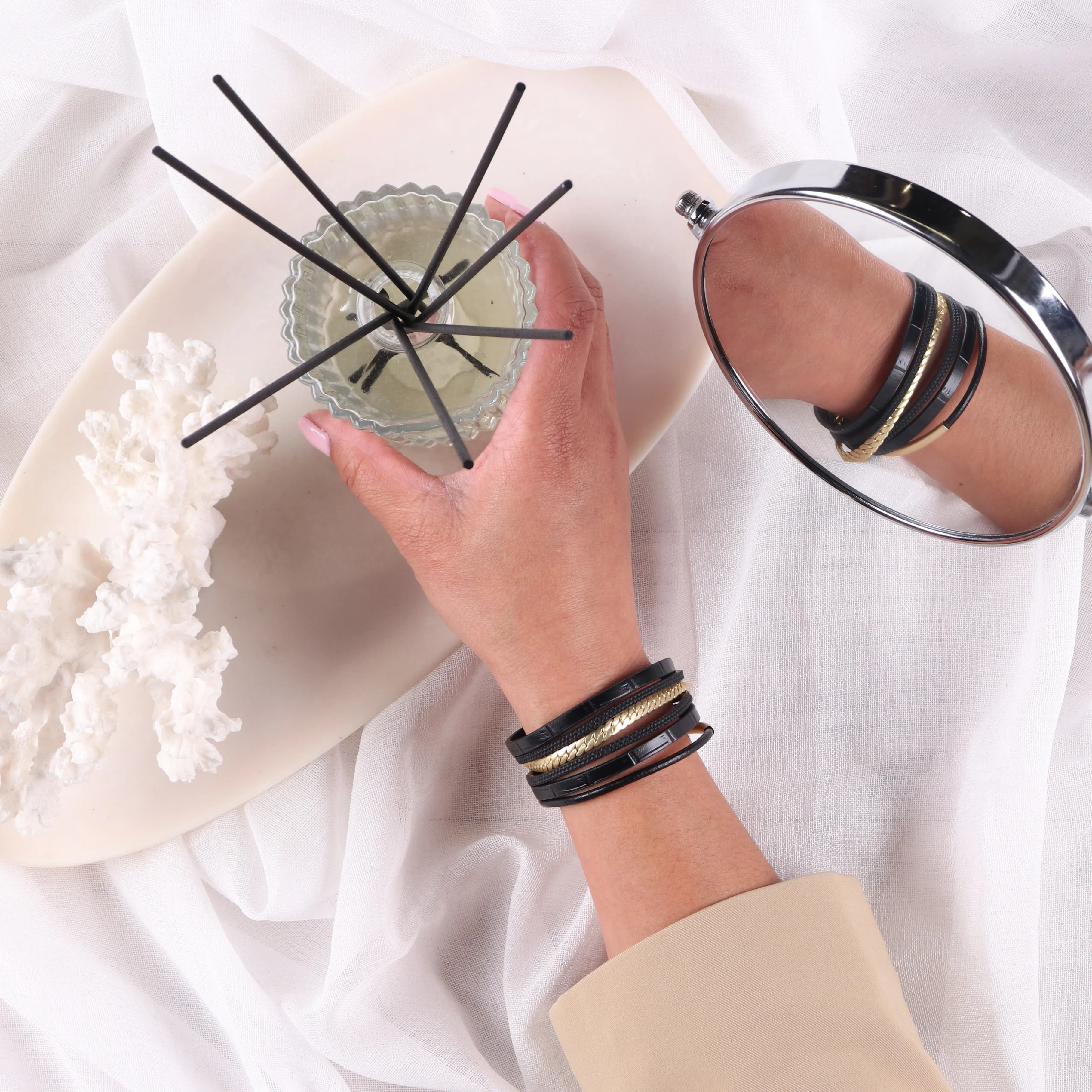 Stella + Gemma Wrap Bracelet Black and Matt Gold sold by Shine On