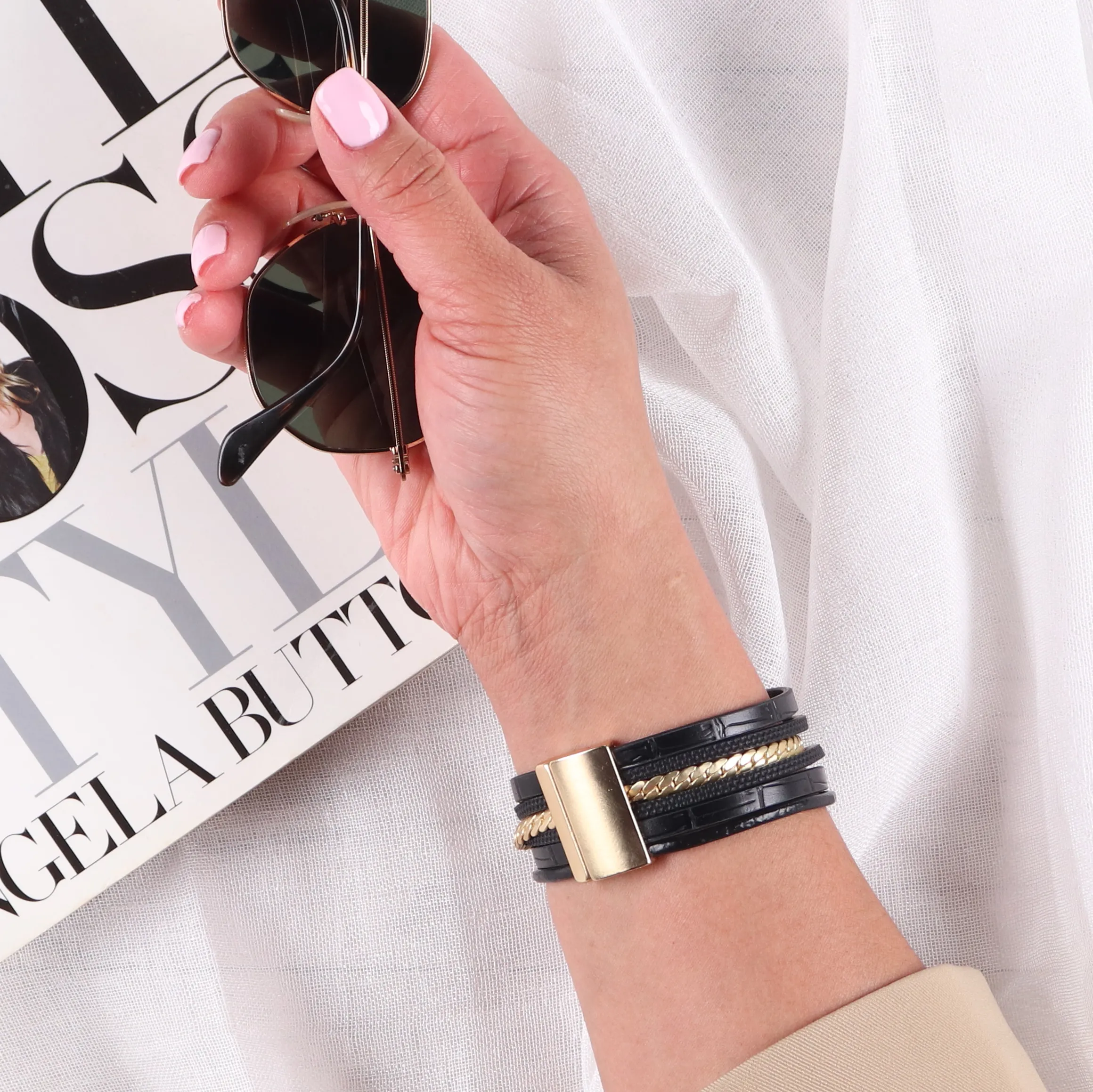 Stella + Gemma Wrap Bracelet Black and Matt Gold sold by Shine On product image thumbnail 3