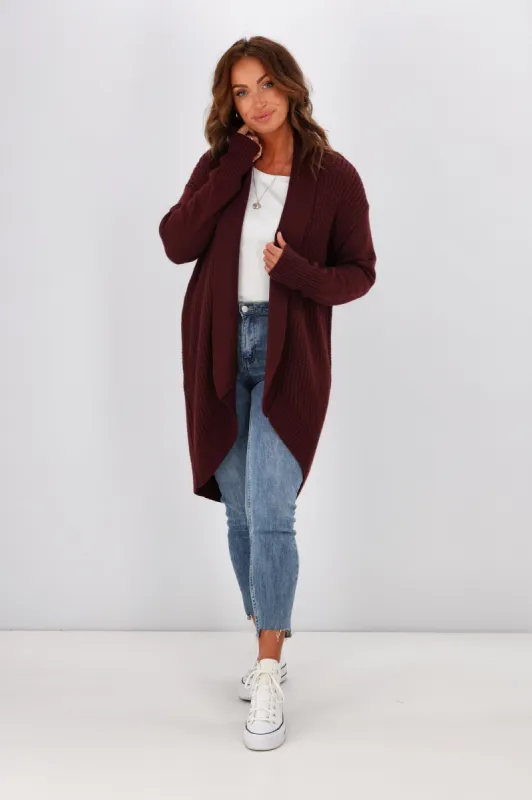 Alpine By Shine On Piccolo Merino Longline Scooped Hem Cardigan Claret sold by Shine On
