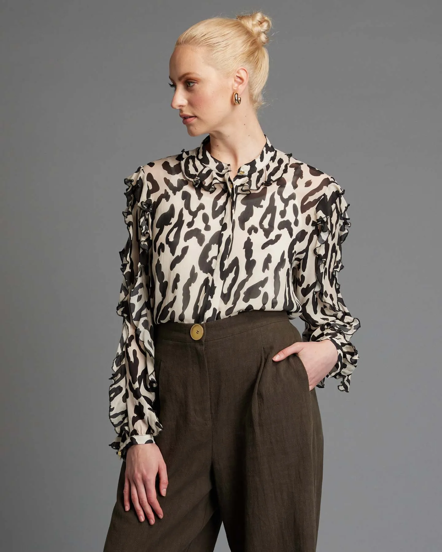 Fate Dreaming Frill Sleeve Top Cream Animal sold by Shine On