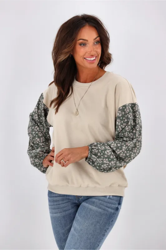 Shine On label Sabine Floral Sleeve Crew Top Oatmeal sold by Shine On