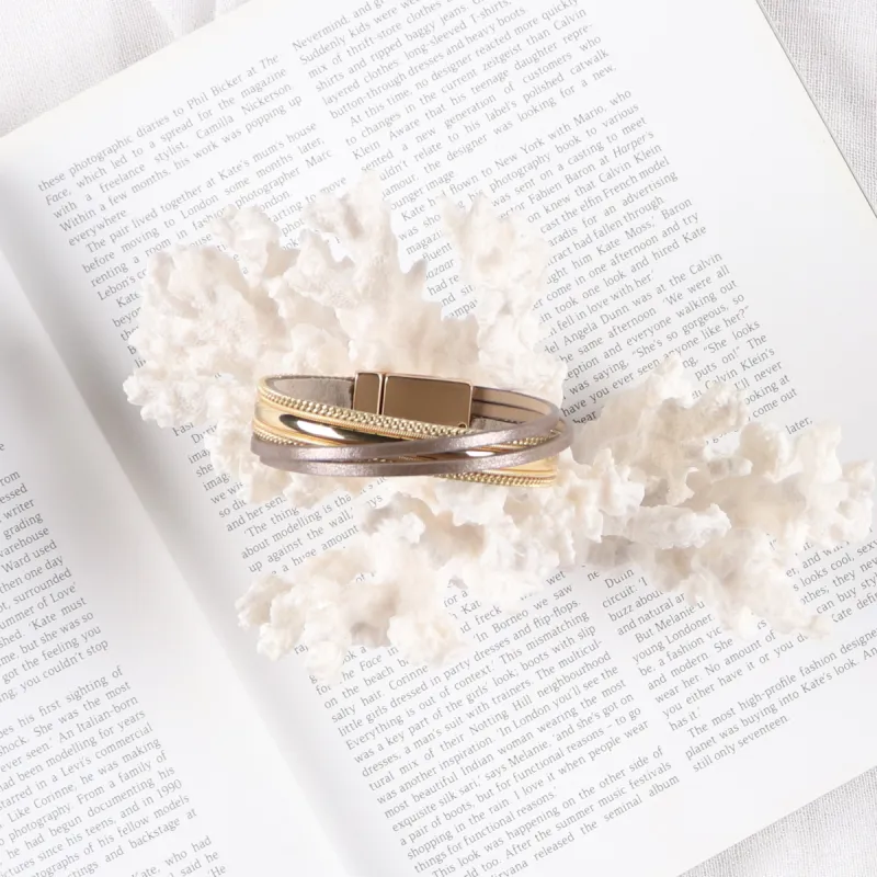 Stella + Gemma Wrap Bracelet Gold and Taupe on Grey Leather sold by Shine On