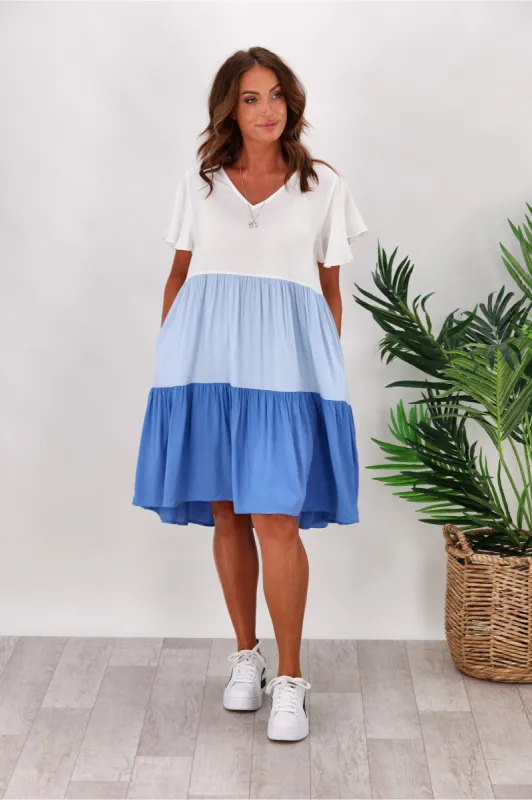 Sunday Boho Amelia Block Colour Dress Blue White sold by Shine On