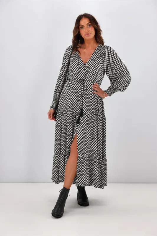 Fria Abigail Mono Print Maxi Dress White sold by Shine On