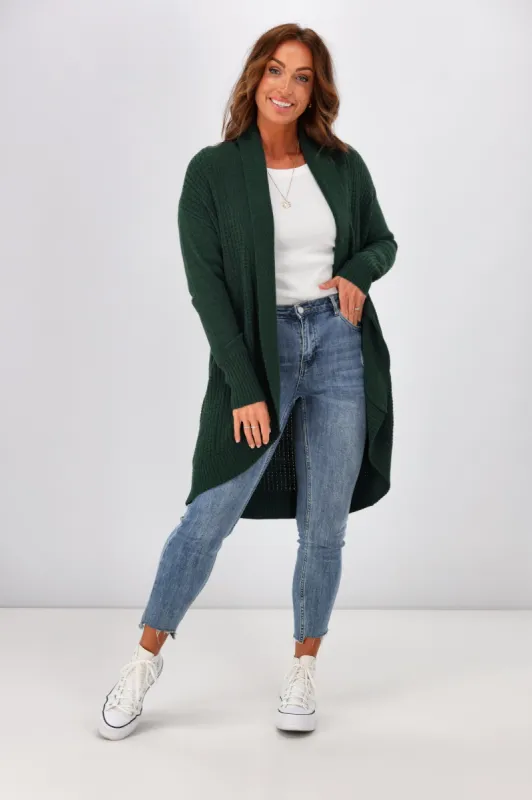 Alpine By Shine On Piccolo Merino Longline Scooped Hem Cardigan Olive sold by Shine On