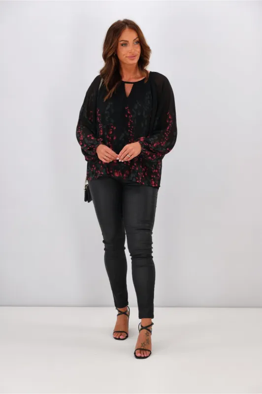 Gloss by Shine Orla Top Foxglove Print Black sold by Shine On
