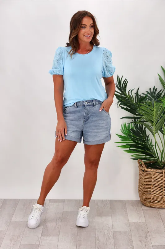 Grace & Co Broderie Puff Sleeve Top Blue sold by Shine On