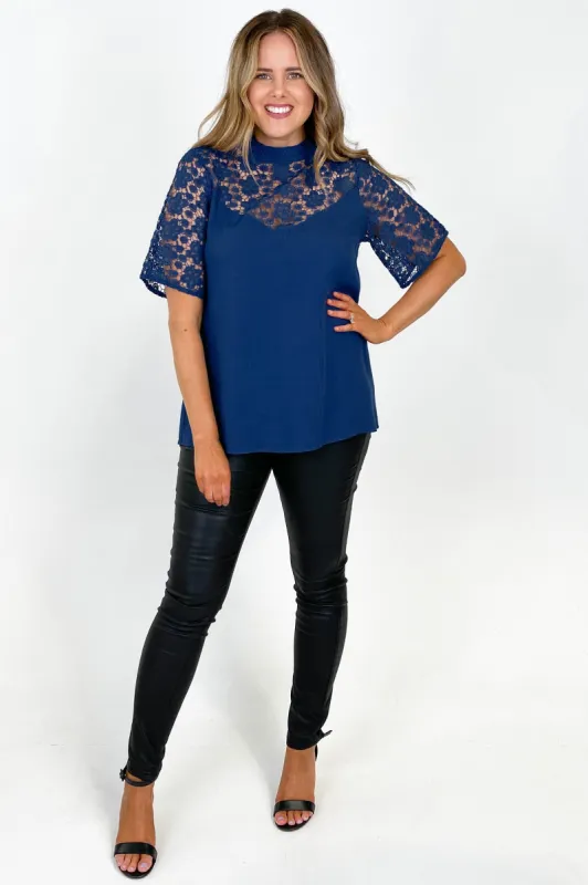 Gloss by Shine On Daphne Lace Trimmed Top Teal Blue sold by Shine On