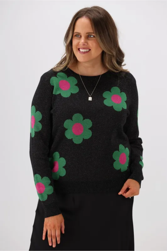 Sugarhill Brighton Rowena Jumper Sparkle Flowers Black sold by Shine On