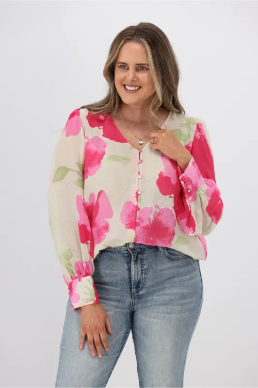 Fria Ava Cloud Print Blouson Sleeve Blouse Fuchsia sold by Shine On