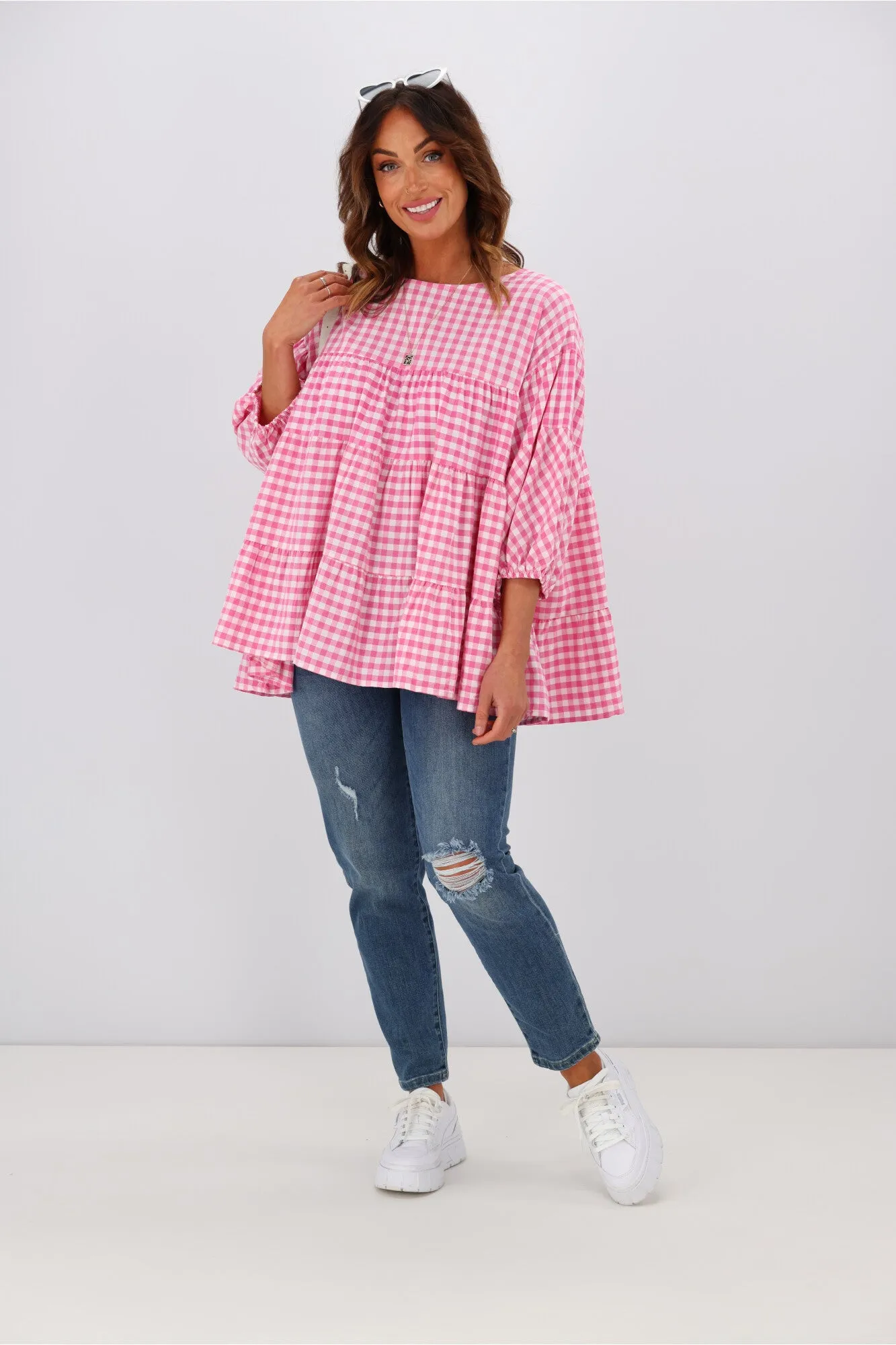 Natural Bay Maya Gingham Round Neck Top Pink sold by Shine On product image thumbnail 2