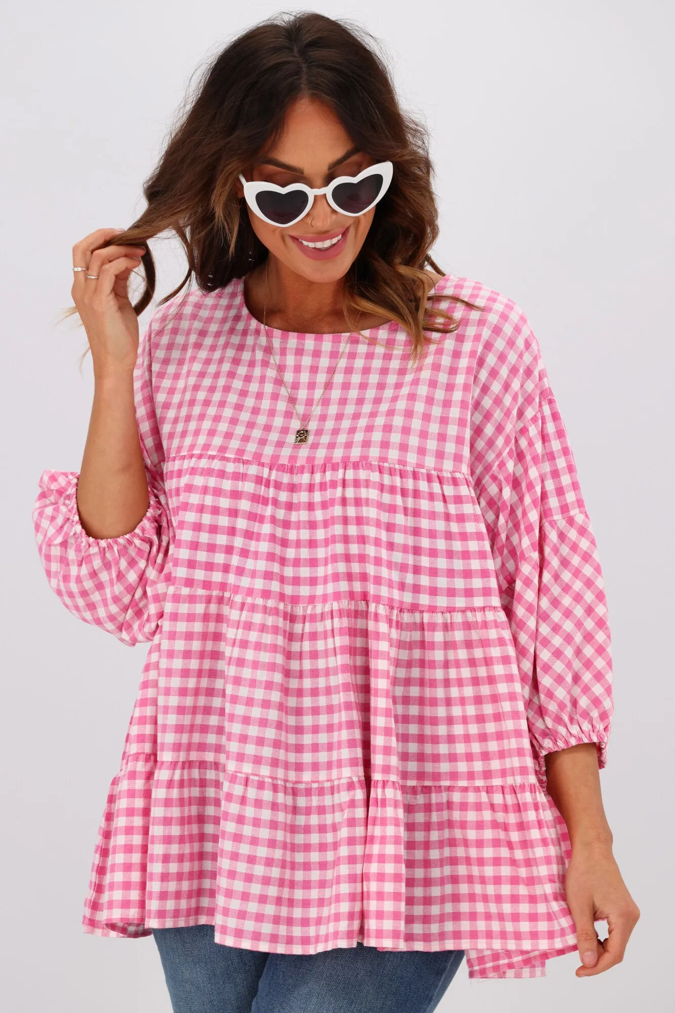 Natural Bay Maya Gingham Round Neck Top Pink sold by Shine On product image thumbnail 3