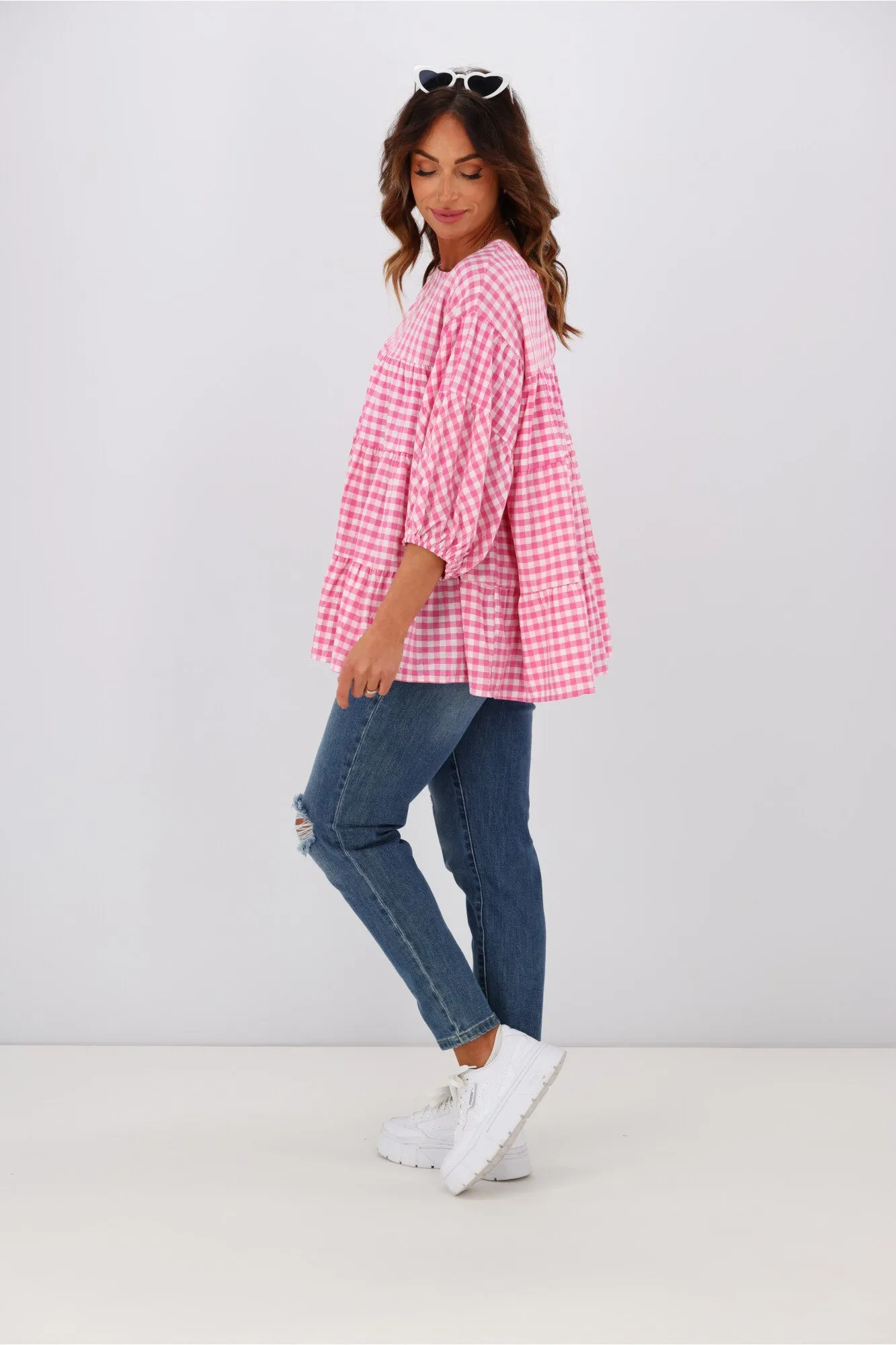 Natural Bay Maya Gingham Round Neck Top Pink sold by Shine On product image thumbnail 4