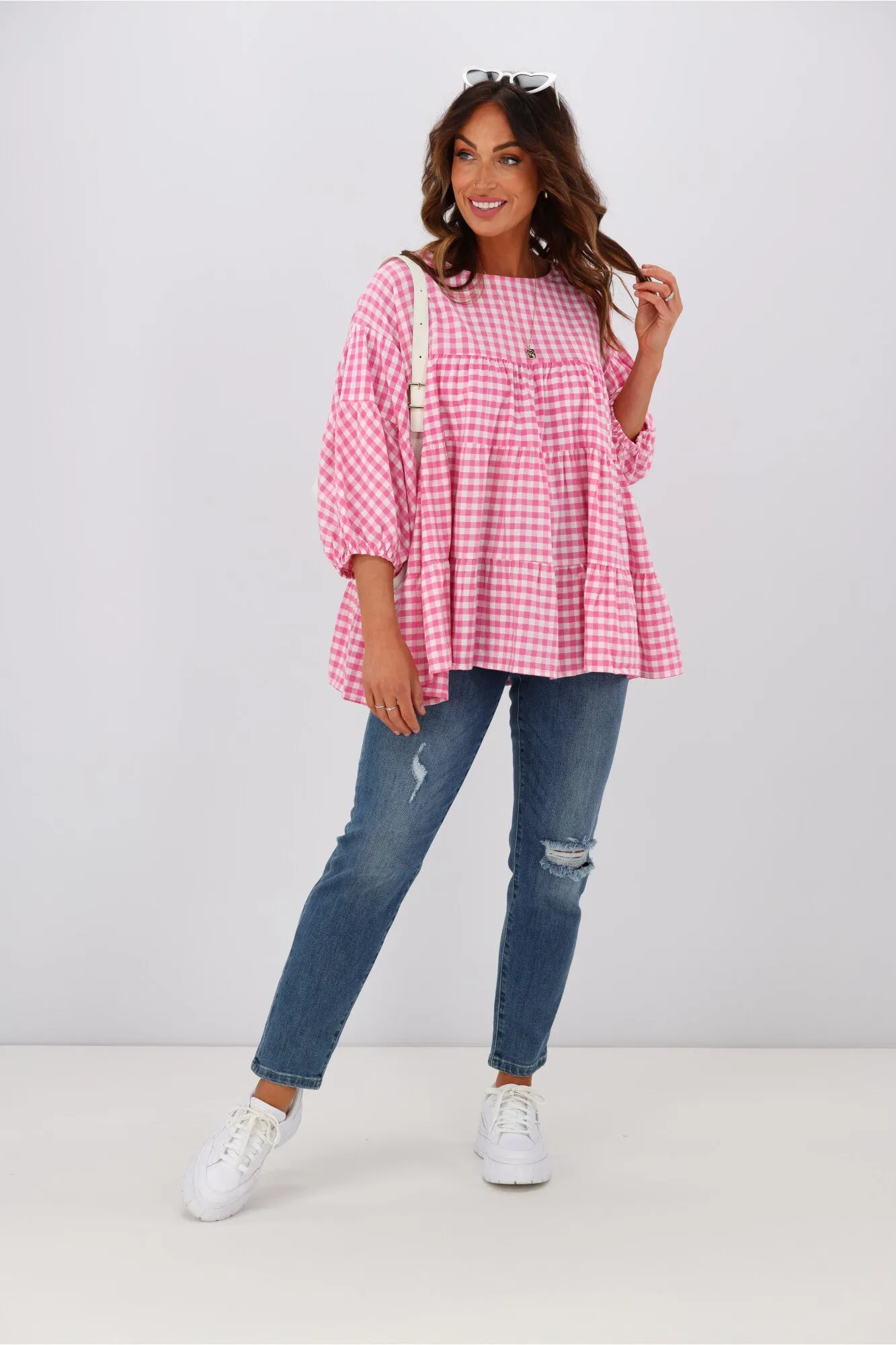 Natural Bay Maya Gingham Round Neck Top Pink sold by Shine On