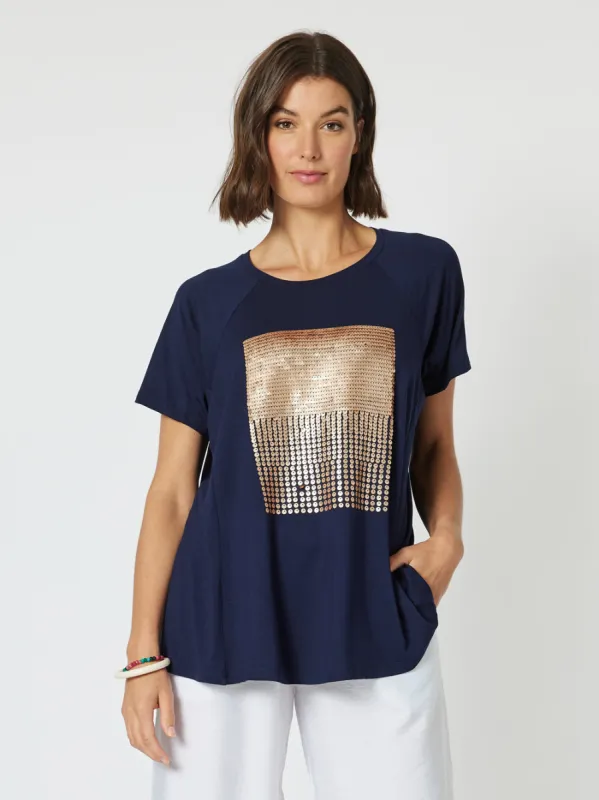 Clarity Sequin Patch Tee Navy/Bronze sold by Shine On