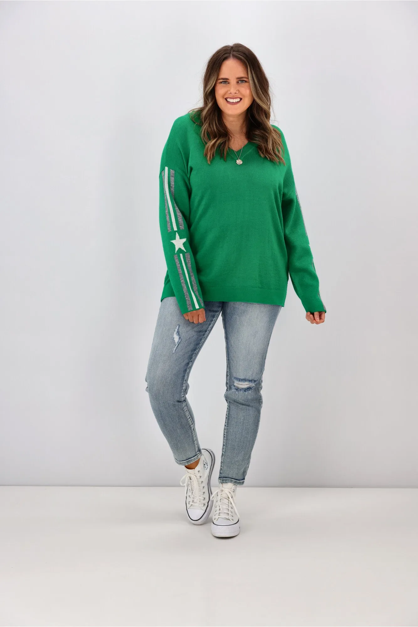 Shine On Label Micah Star Stripe Sleeve Jumper Emerald sold by Shine On