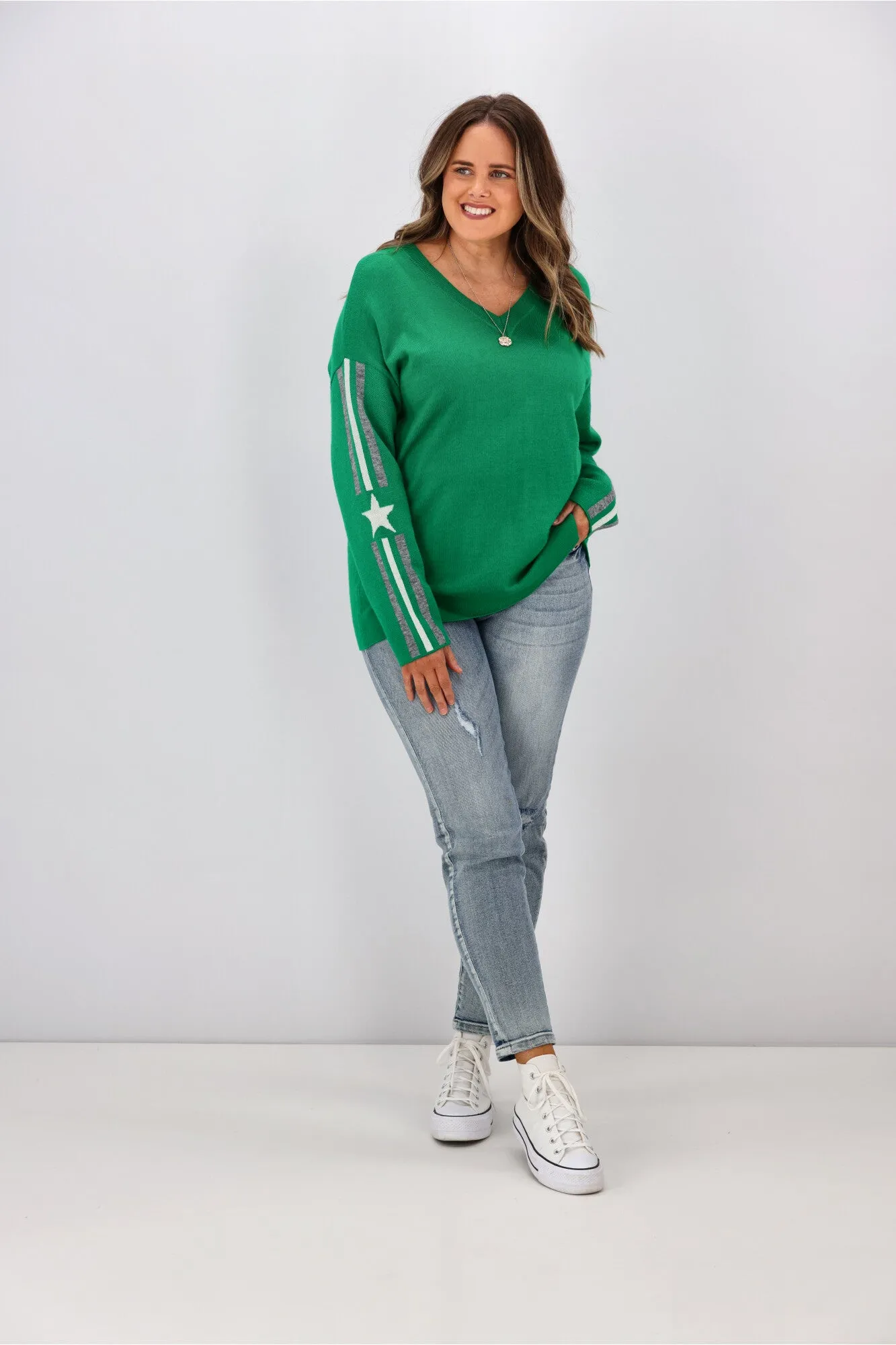 Shine On Label Micah Star Stripe Sleeve Jumper Emerald sold by Shine On product image thumbnail 3