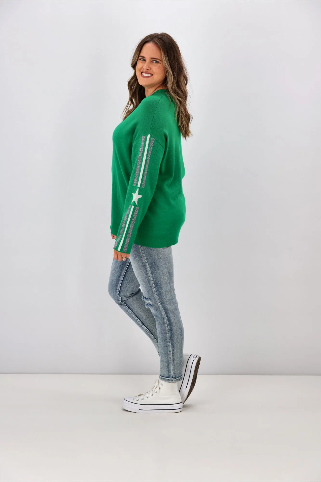 Shine On Label Micah Star Stripe Sleeve Jumper Emerald sold by Shine On product image thumbnail 5