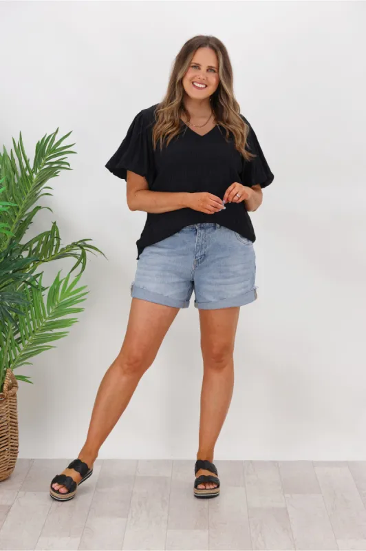 Gloss by Shine On Tina Textured Puffed Sleeve Top Black sold by Shine On