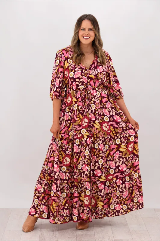 Avamia Mirah V-Neck Maxi Dress Maroon Print sold by Shine On