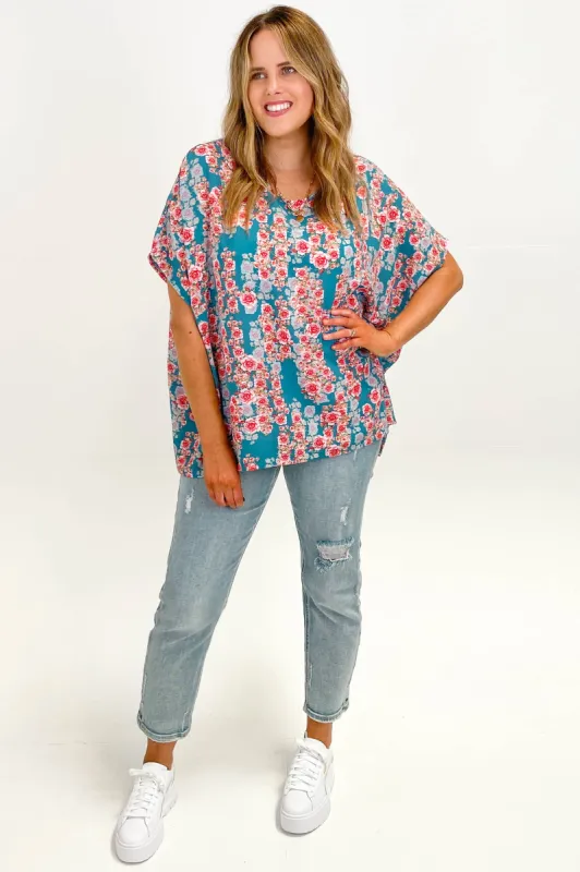 Sunday Boho Drape Top Roses Blue sold by Shine On