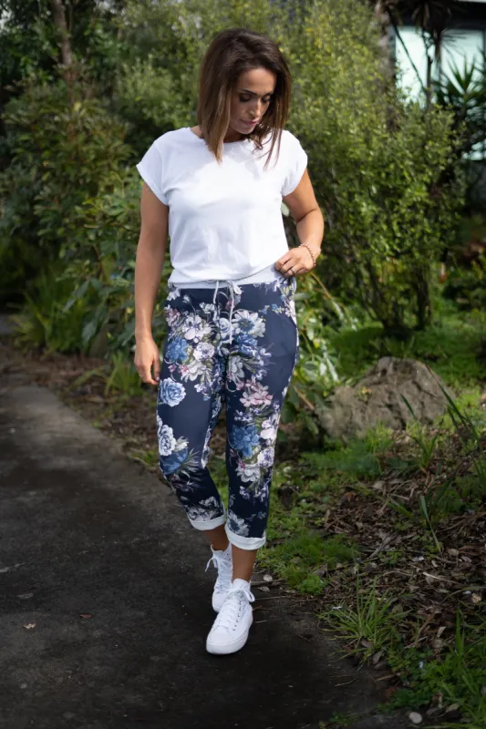 Beau Denver Floral Navy Trousers sold by Shine On