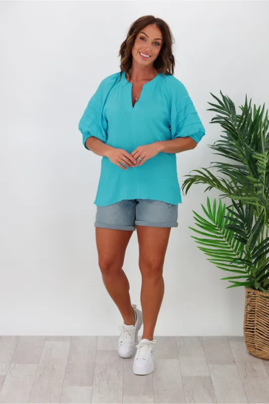 Gloss by Shine On Zita Pleated Sleeve Top Turquoise sold by Shine On
