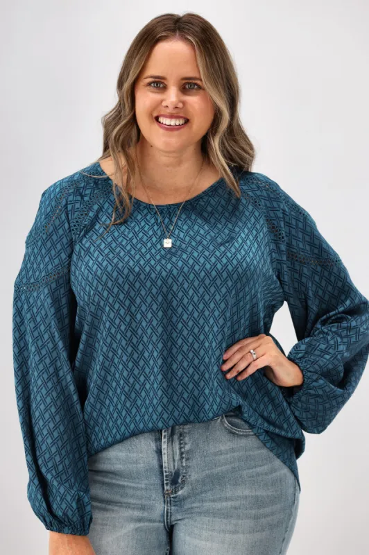 Gloss by Shine On Nello Ladder Lace Puff Sleeve Blouse Teal Jacquard sold by Shine On