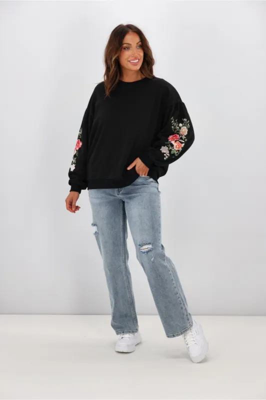 Shine On Label Rosetta Embroidered Sleeve Crew Black sold by Shine On