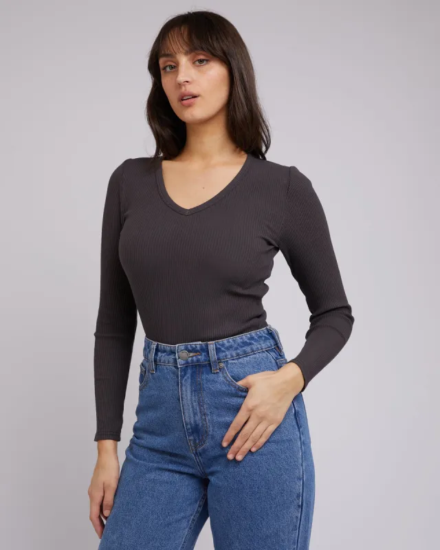 All About Eve Rib V Neck L/S Top Washed Black sold by Shine On