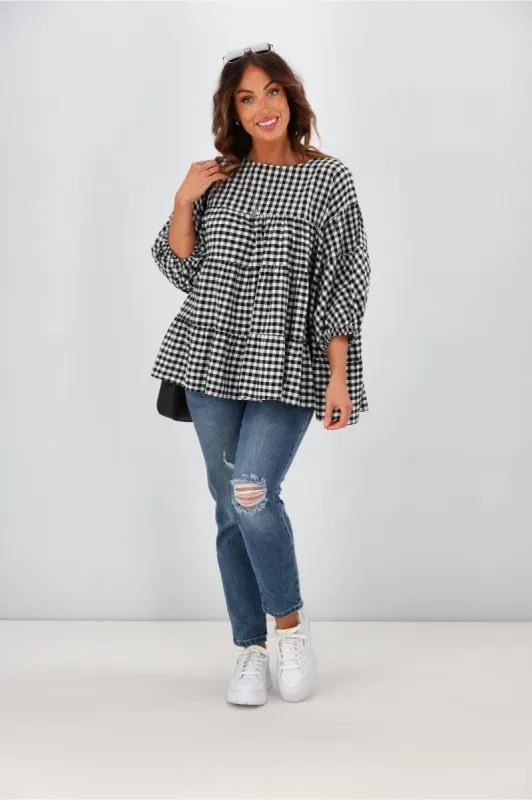 Natural Bay Maya Gingham Round Neck Top Black sold by Shine On