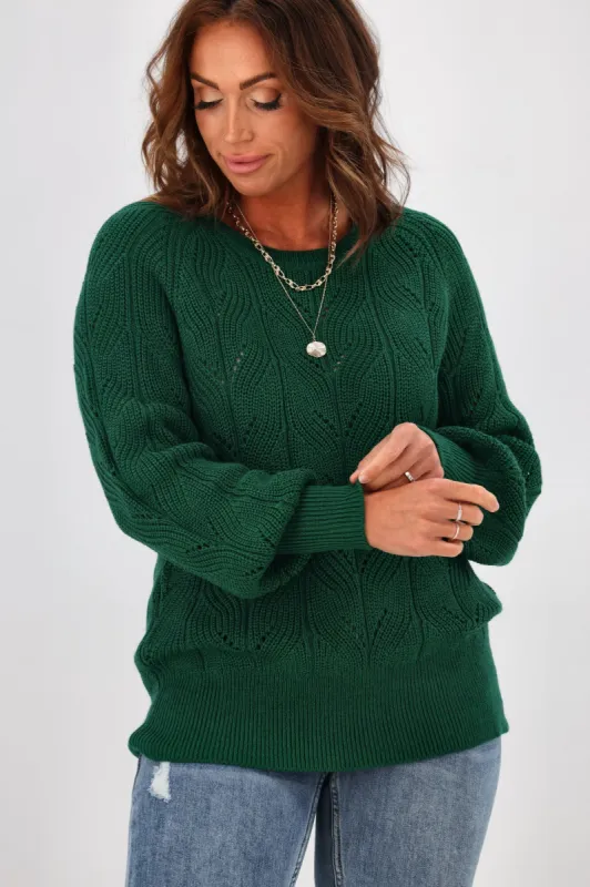 Alpine by Shine On Michaela Crochet Knit Merino Jumper Emerald sold by Shine On