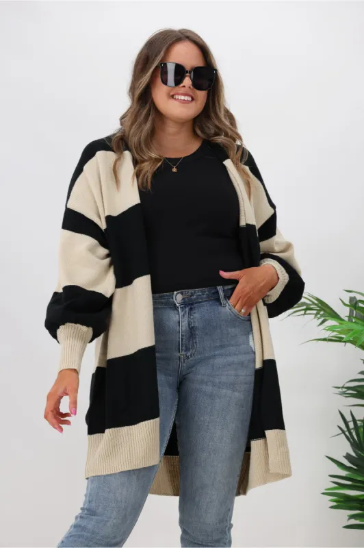 Shine On Label Maceo Striped Cardigan Oatmeal Marl & Black sold by Shine On