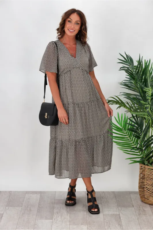 Shine On Label Joni Tiered Chiffon Dress Geo Line Print sold by Shine On